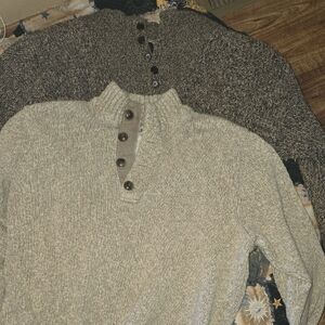 L.L. Bean Men's Cream and Brown Marled Button-Placket Crewneck Sweater
